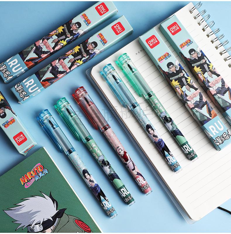 度园园得力火影忍者盲盒笔联名款按动式中性笔黑色大容量针管速干学生