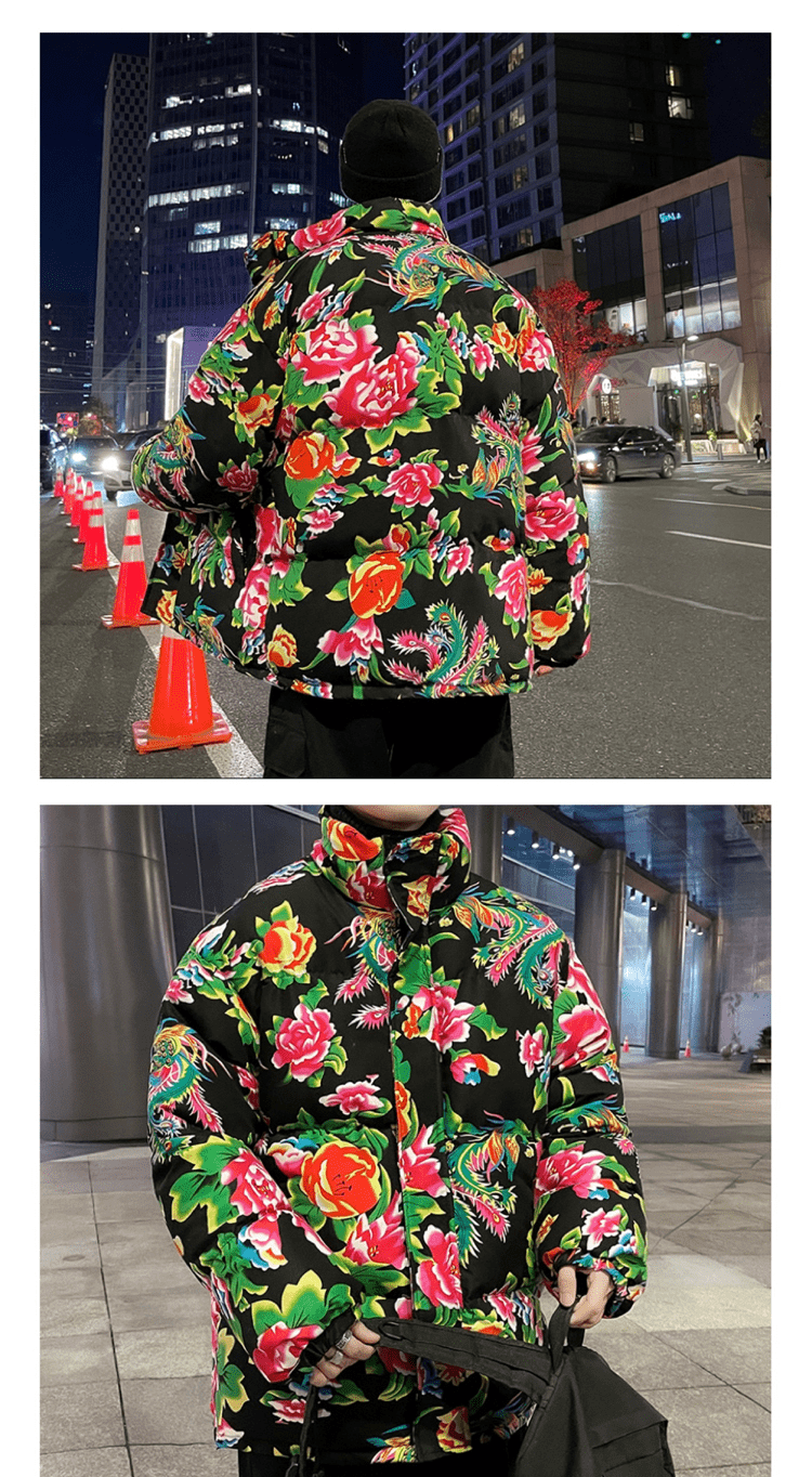 东北花衣服东北大花袄外套男冬季宽松大码棉衣情侣感休闲花棉袄 蓝色