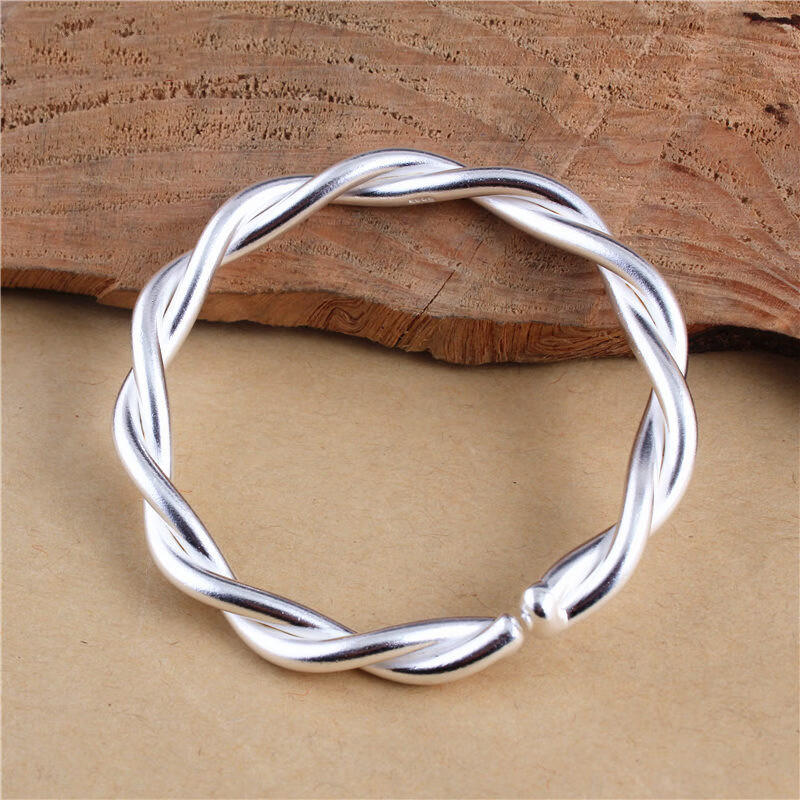 凌盛银坊纯手工开口足银手镯999年轻女拧花麻花银镯子手环简约饰3股
