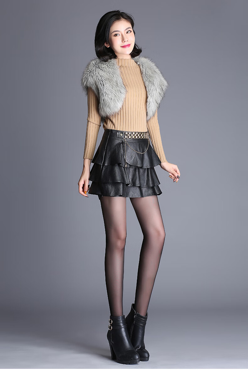 真皮裙子短款女士冬季半身真皮裙时尚女大码短裙显瘦蓬蓬蛋糕裙高腰酷