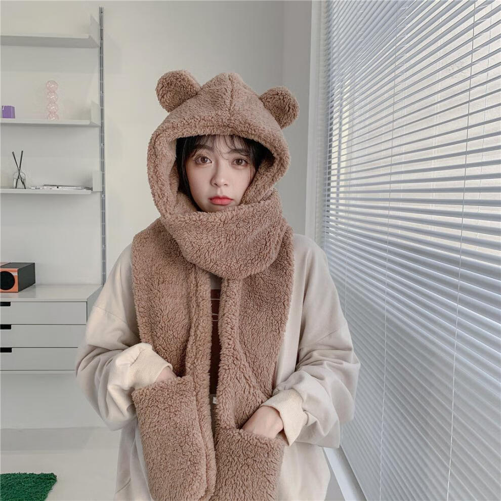 乔与乔伊戴帽子带手套的围巾小熊帽子可爱女孩百搭秋季冬天围巾一体