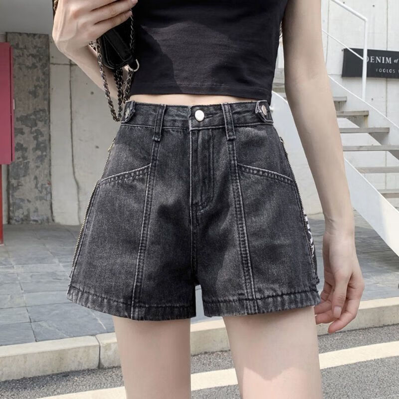 2022新款韩版侧拉链开叉高腰牛仔短裤女夏学生显瘦网红阔腿热裤潮 黑