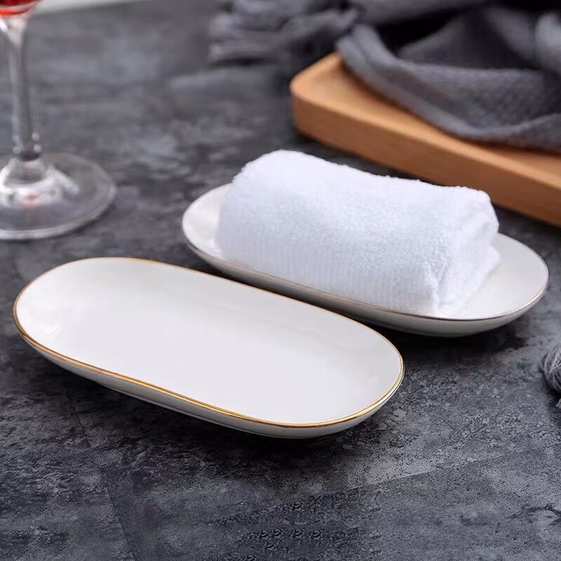陶瓷毛巾碟子餐巾碟创意酒店餐具盘子酒店专用金边商用湿手巾碟小菜碟