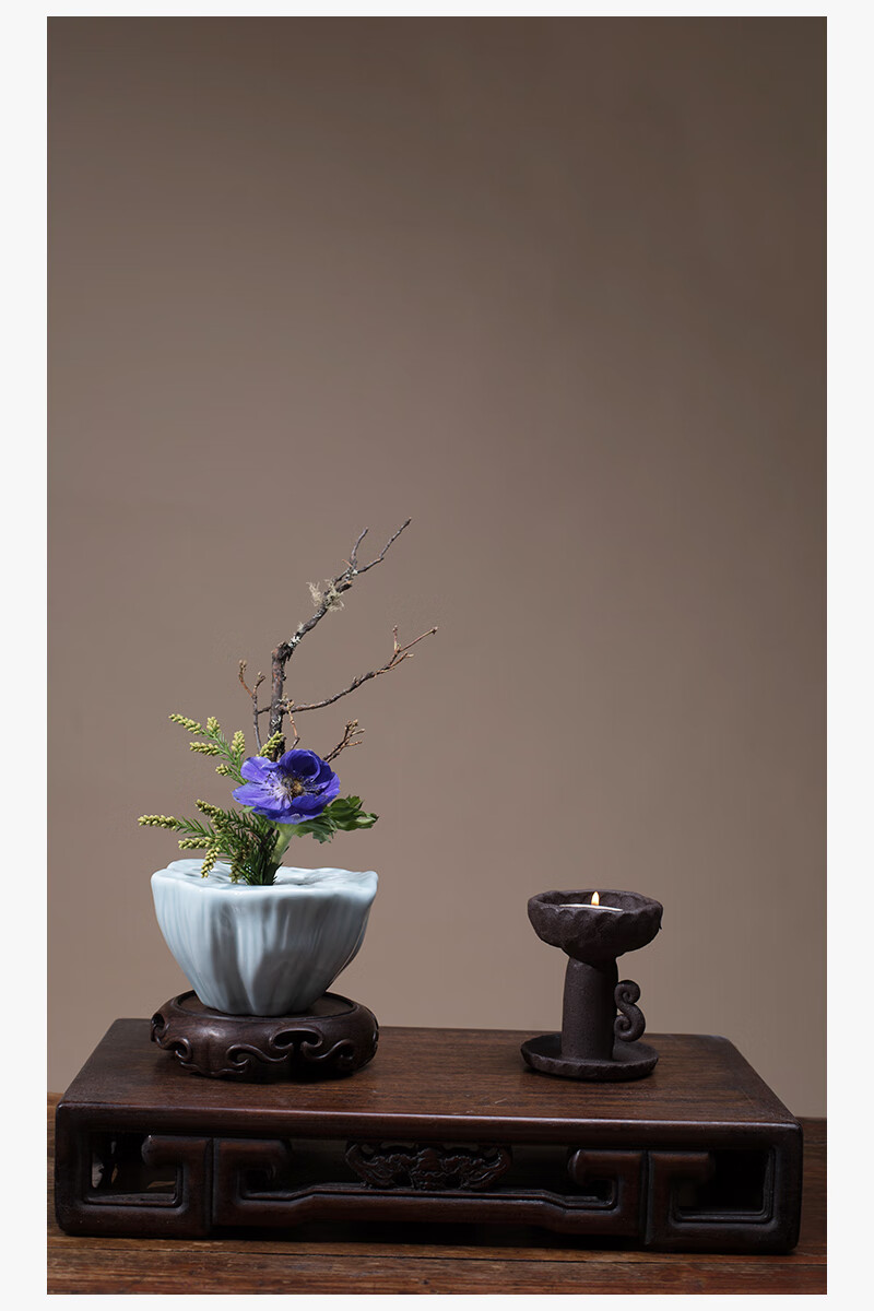 uhfw青瓷莲蓬插花器禅意中式花器插花器皿日式陶瓷小花瓶摆件花艺霁蓝