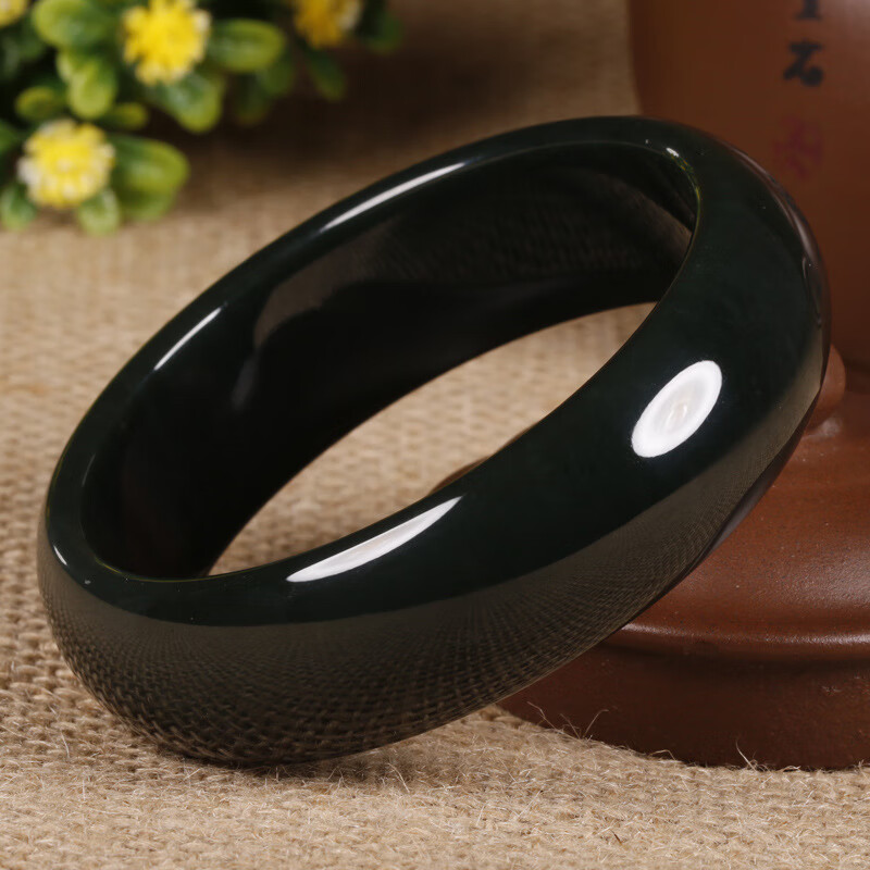 碧家 墨玉手镯黑色加宽和田玉青黑玛瑙玉髓镯民族风黑曜石女款饰品 52