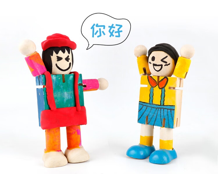 白坯木偶关节机器人diy木头涂鸦彩绘白模填色幼儿园创意美术绘画 10个