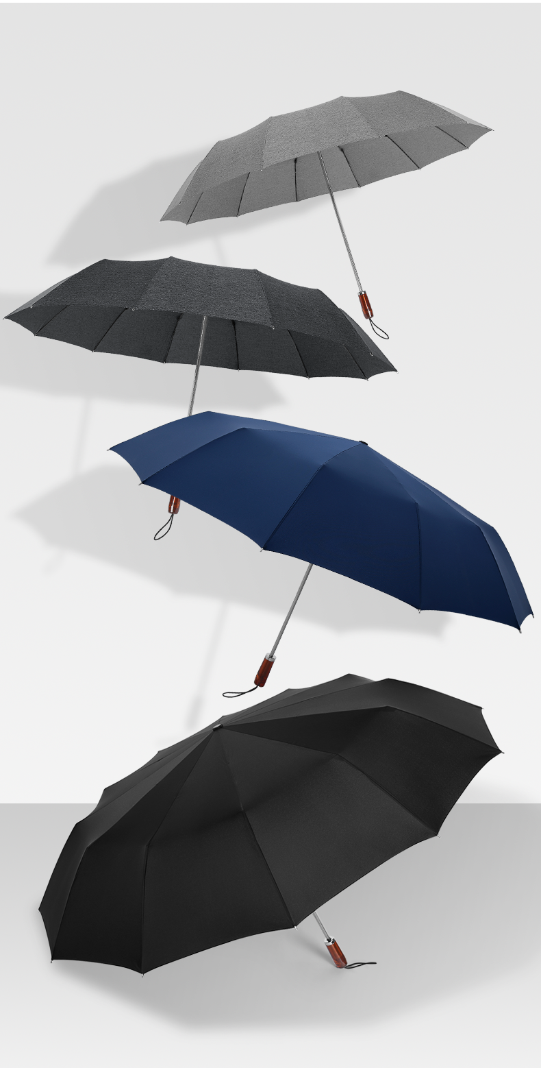 12骨三折晴雨伞不锈钢杆男士商务折叠大雨伞防风双人雨伞两用纯黑色