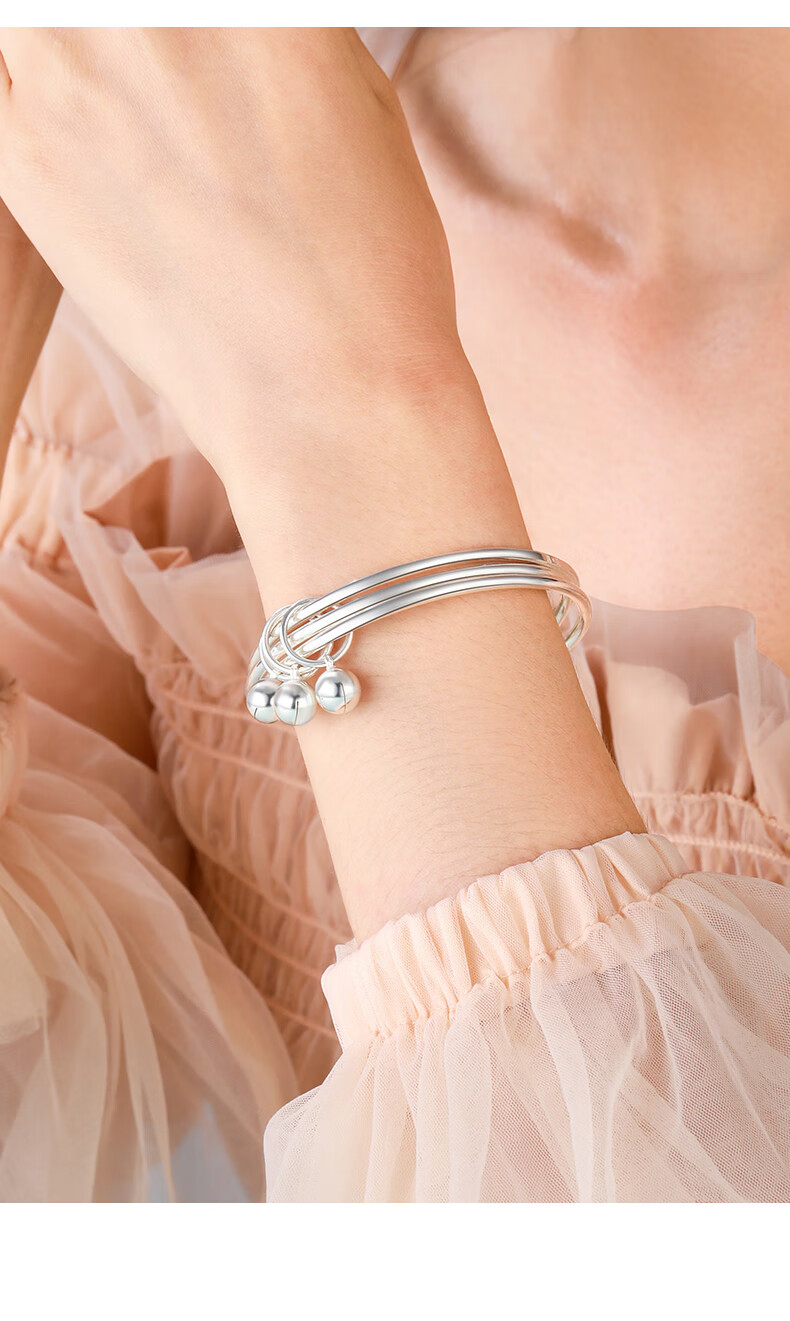 翡德丽轻奢珠宝千年福三生三世银手镯子女银铃铛手环饰简约生日礼物送