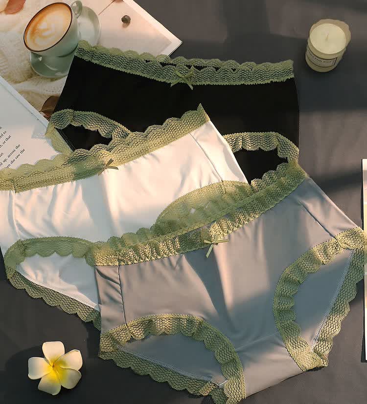 内裤女冰丝棉裆学生无痕夏季薄款少女性感蕾丝大码黑白裤头冰丝f3黑