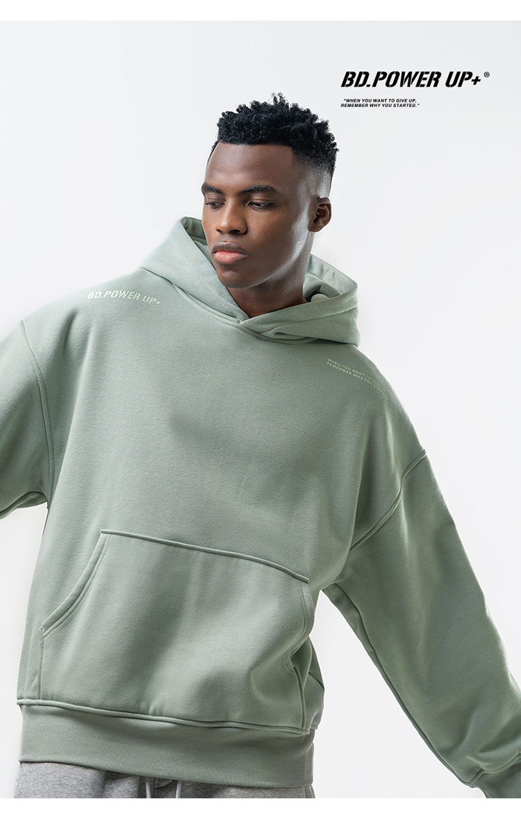 bdpowerup运动连帽卫衣男加绒加厚摇粒绒保暖极简套头衫灰绿色m