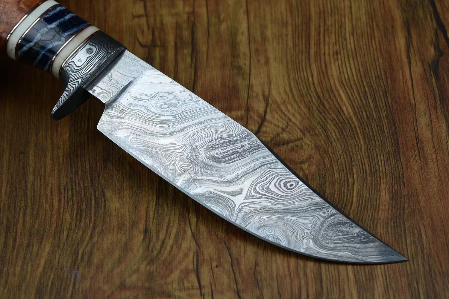 硕哥扭转纹大马士革钢刀猛犸牙臼齿化石花梨木榴手柄户外直刀收藏送礼