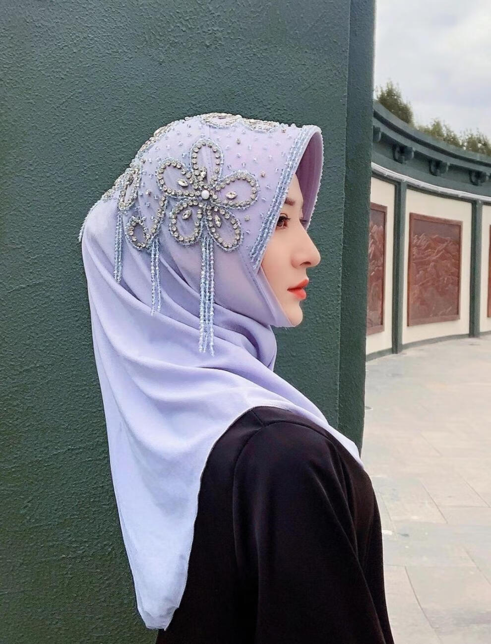 阖萱回族女人的套头纱巾套头纱巾包下巴回族头套四季串珠三朵花黑色