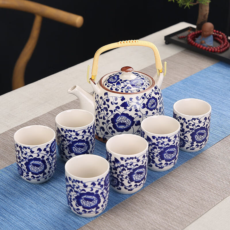 大号提梁壶茶具套装中老式陶瓷家用青花瓷泡茶壶茶杯托盘整套批发花鸟