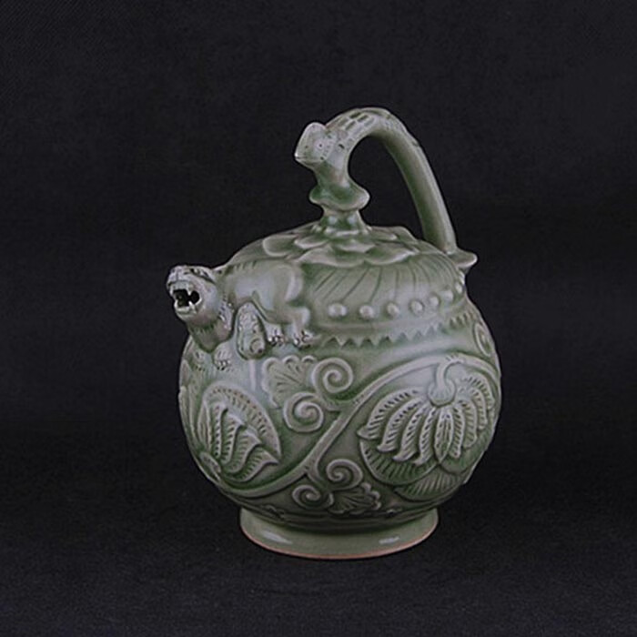 倒流壶宋代耀州窑青釉暗雕圣兽头倒流壶仿出土老货古瓷器古玩古董收藏