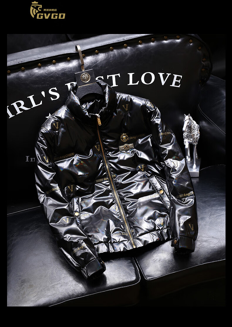 香港潮牌gvgd轻奢高端徽标羽绒服男2021新款立领亮面冬天保暖防寒服