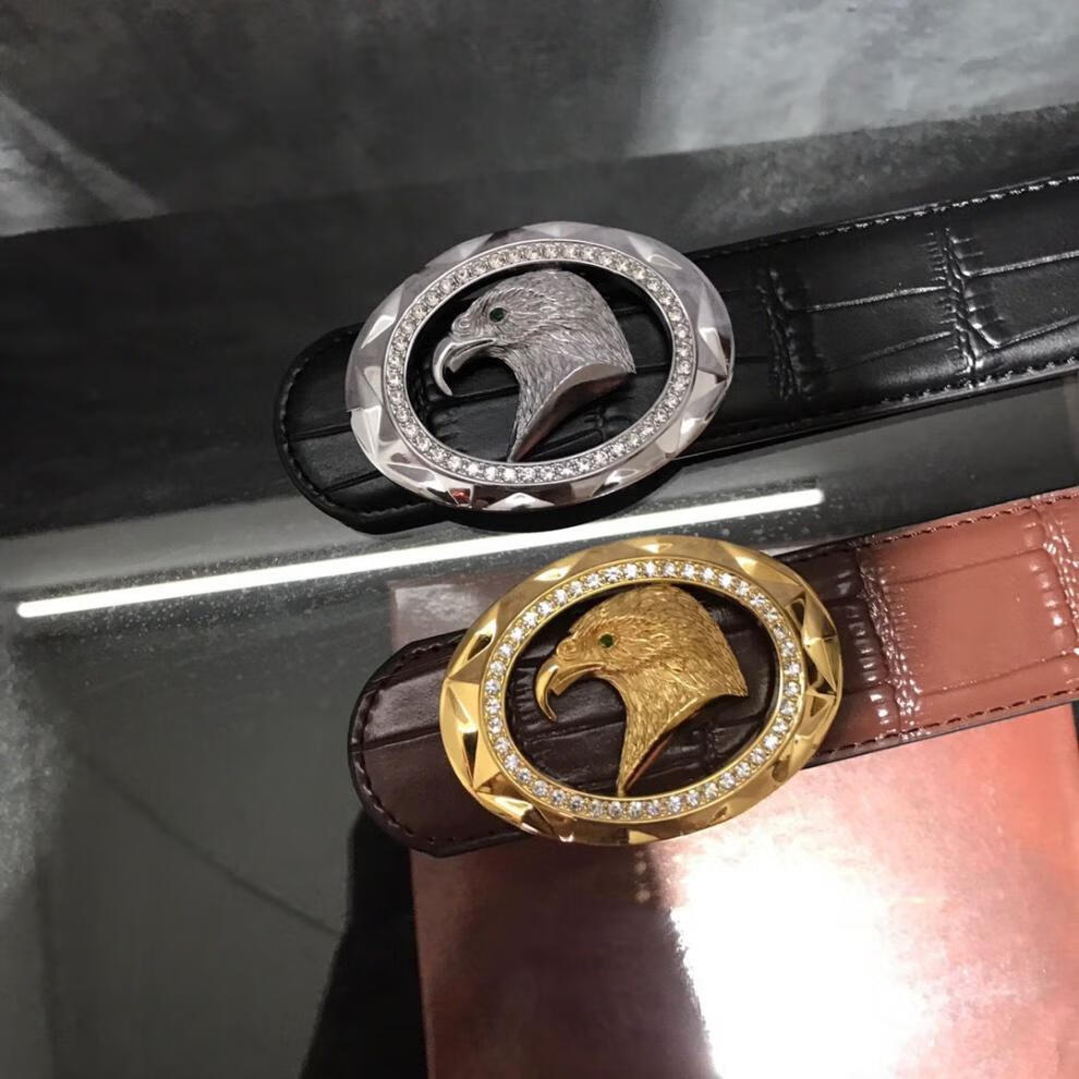 老鹰头 实心纯铜扣头 皮带 腰带 鳄鱼纹 牛皮 潮男 黑色 平滑扣 黑皮