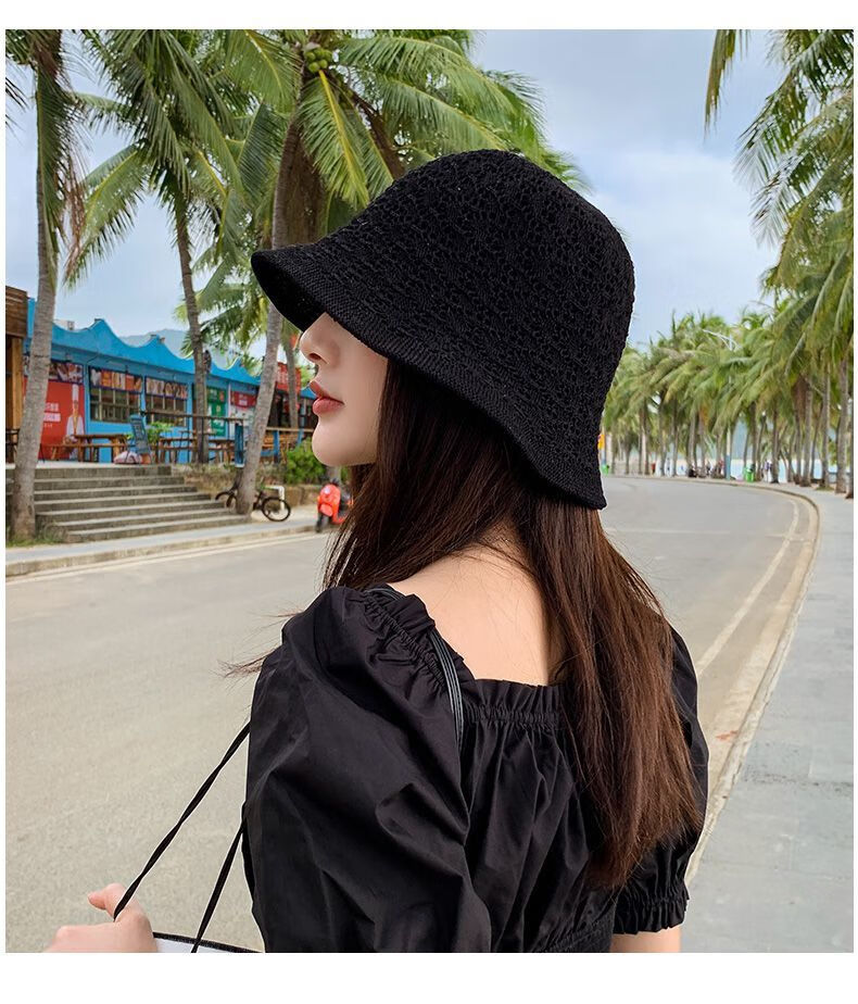 鱼夫女帽夏季夏季透气冰丝防晒遮脸渔夫帽纯手工编织双面勾花米色