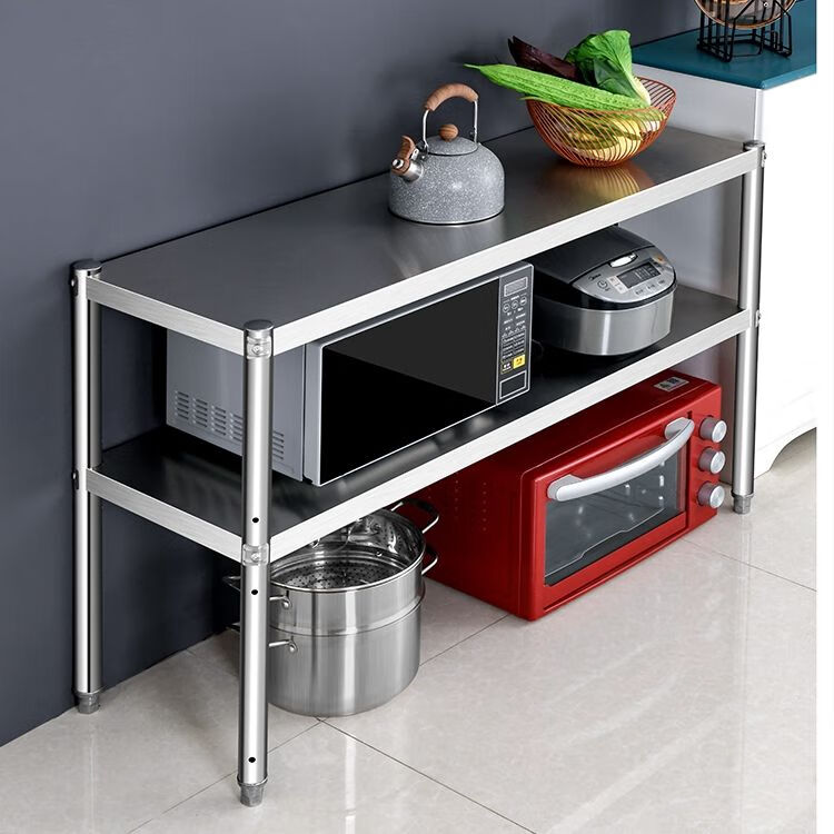 双层不锈钢厨房置物架台面微波炉架储物架落地橱柜收纳两层放锅架加厚