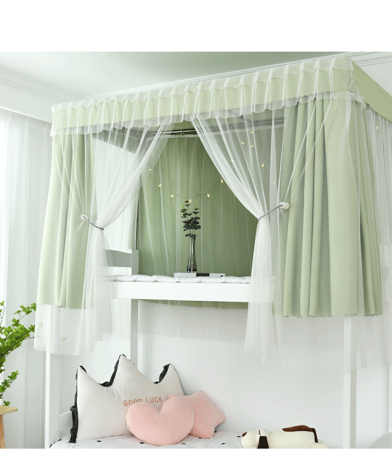 宿舍帘加厚床帘蚊帐一体式下铺女生寝室学生上铺下铺帘子绿色3片带纱