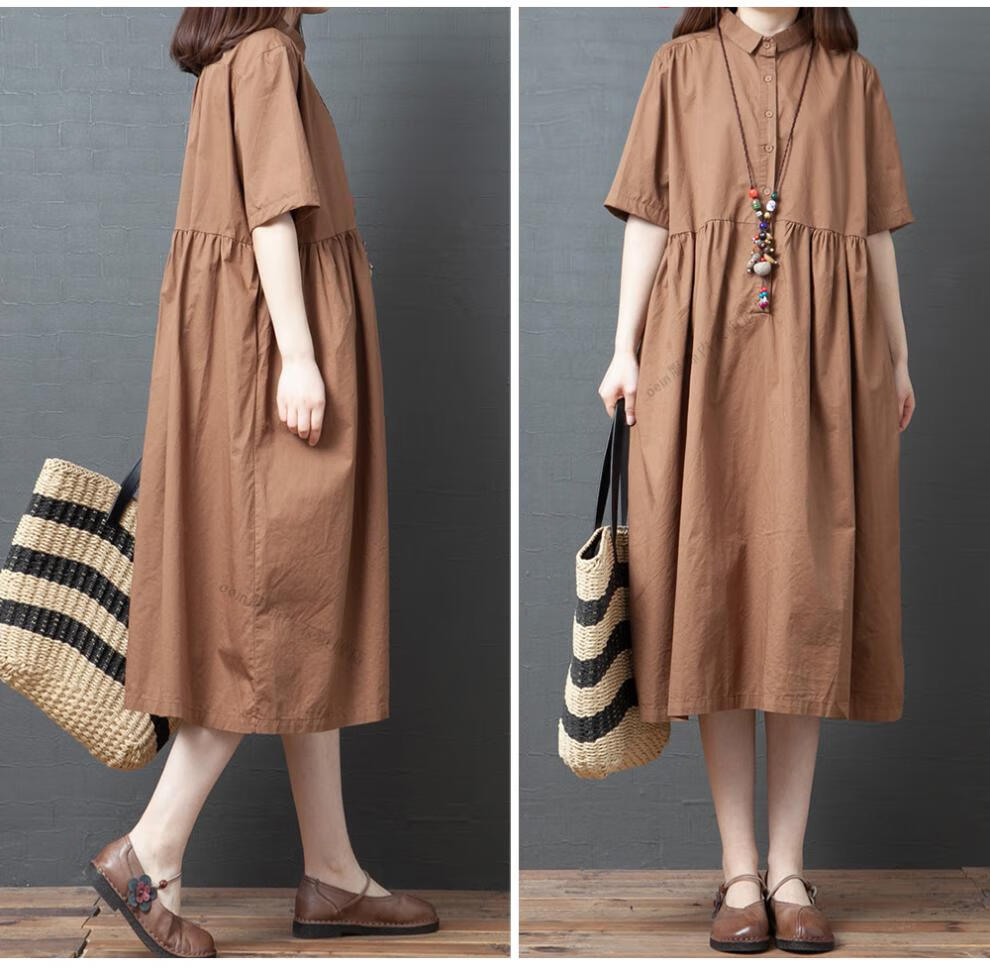 素素棉麻女装夏季夏季新款复古大码女装棉麻连衣裙胖mm宽松显瘦纯色