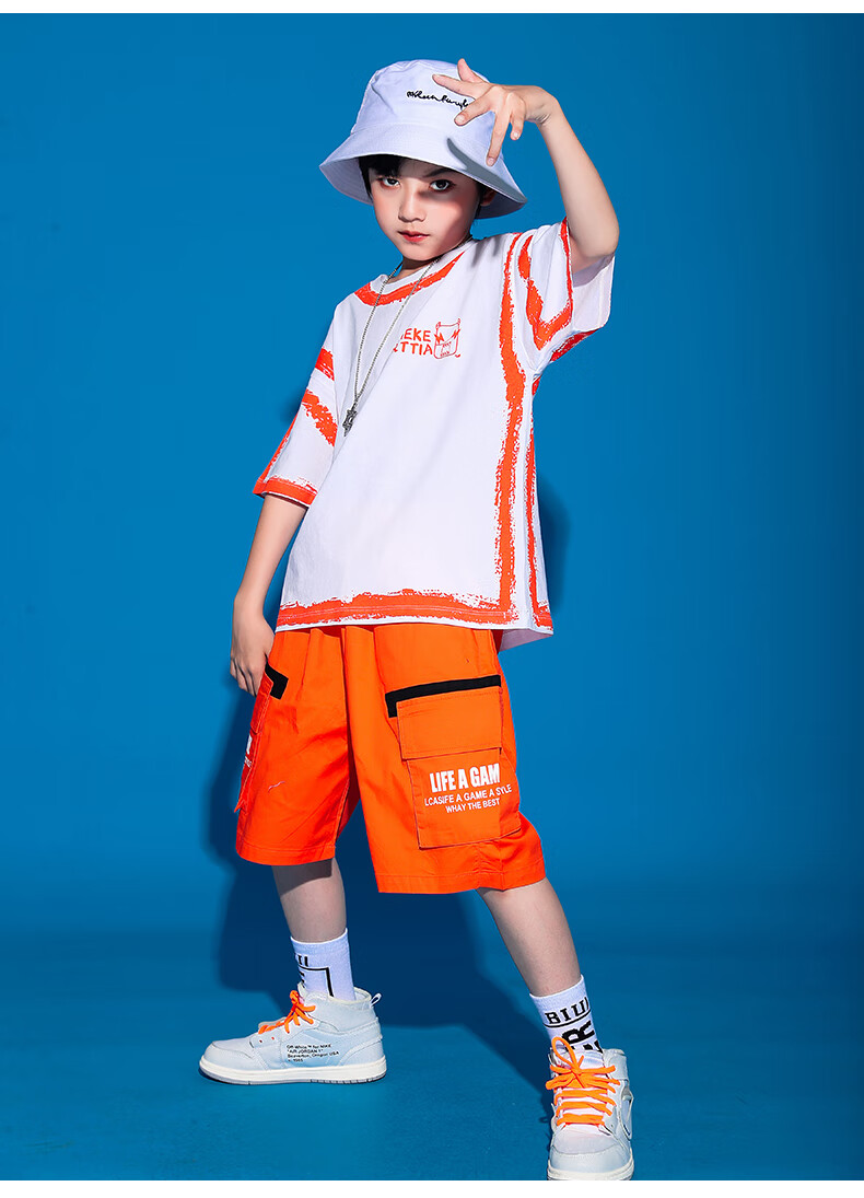 嘻哈街舞套装男童走秀潮服6-12岁儿童hiphop短袖六一少儿架子鼓表演服