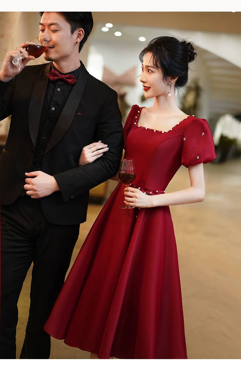 俞兆林敬酒服新娘夏季小个子酒红色结婚当天便装回门服订婚礼服连衣裙