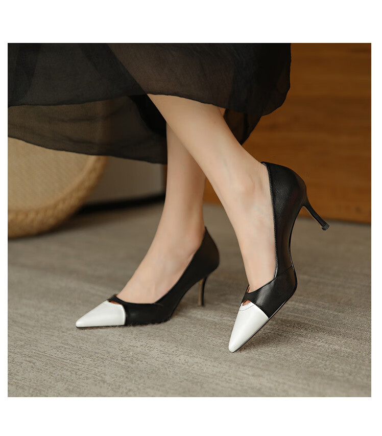 格尔贝丝羊皮高跟鞋2022春季新款韩版淑女鞋尖头浅口细跟拼色时尚软皮