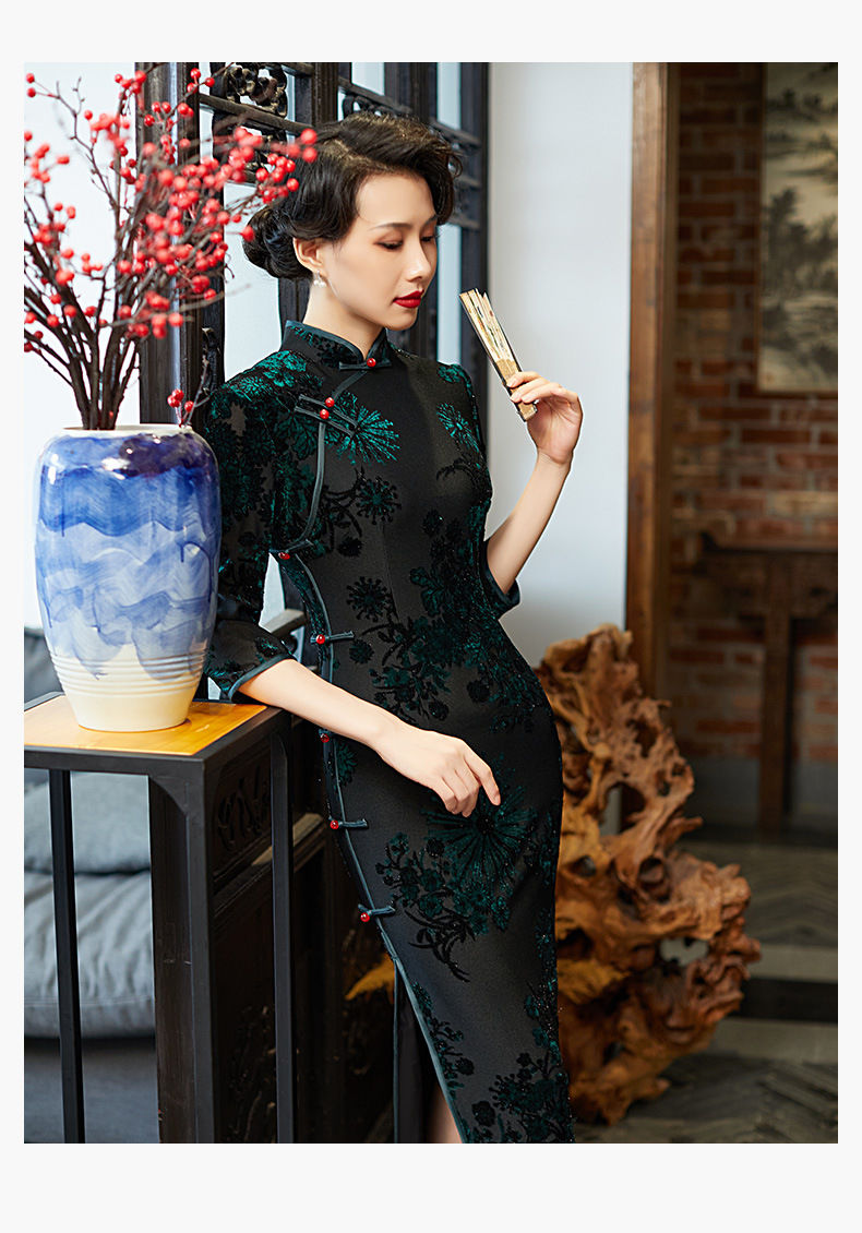 寇恙kouyang秋冬新款植绒旗袍连衣裙七分袖长款改良侧八扣双层气质