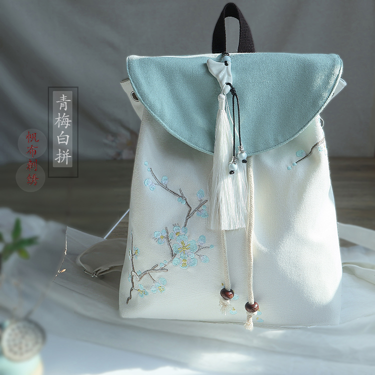 风古风汉服文艺复古民族风刺绣帆布双肩包少女书包复古黑梅竹刺绣白盖
