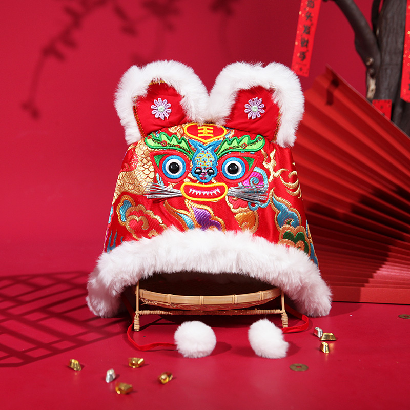 抖音同款元旦节礼品虎年虎头帽儿童老虎帽宝宝冬季中国风手工童刺绣