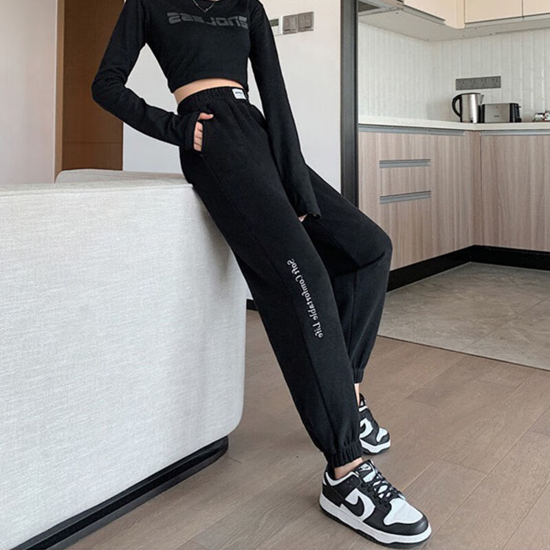 束脚九分卫裤高腰休闲哈伦网红裤子深灰色冬季加绒加厚s码建议80100斤