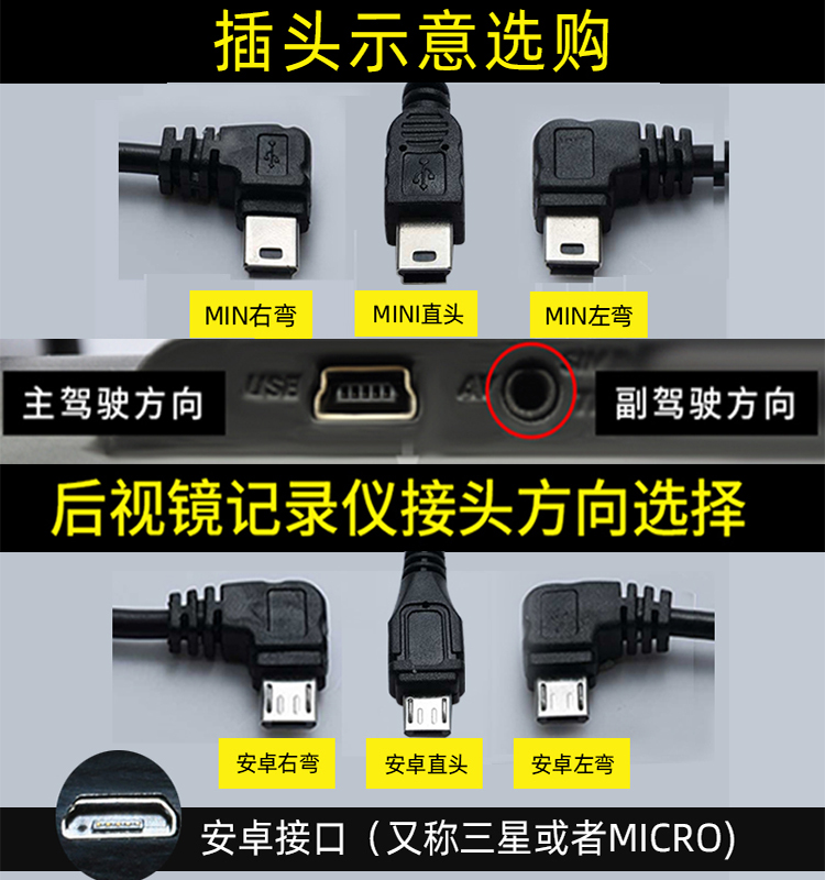 行车记录仪连接线usb电源线接口供电数据插头凌度360车载充电通用mini