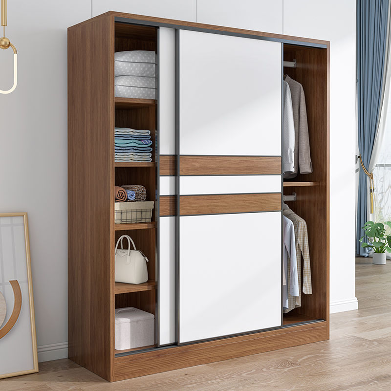 健康民居衣柜实木家用卧室家具推拉门简易组装柜子大衣橱 胡桃色【货