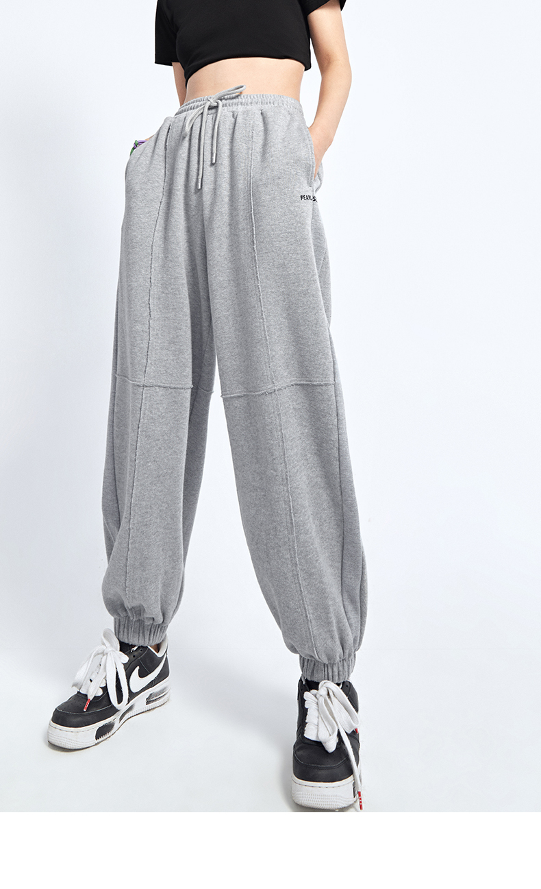 materialgirl高腰卫裤女休闲裤宽松束脚裤子灰色运动裤2021秋新款灰色