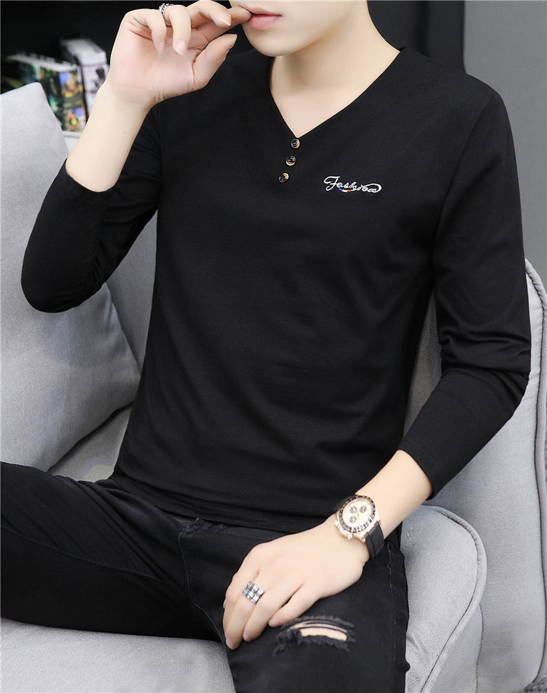 lucazer棉t恤男鸡心领长袖春秋衫单穿打底无领体恤中青年色净版v领t58