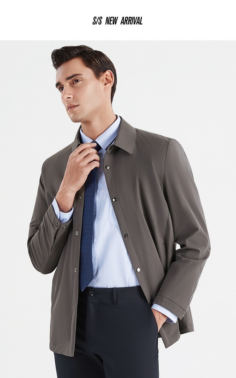 柒牌夹克外套男2022春秋新款男士商务休闲翻领条纹印花潮流茄克衫中灰