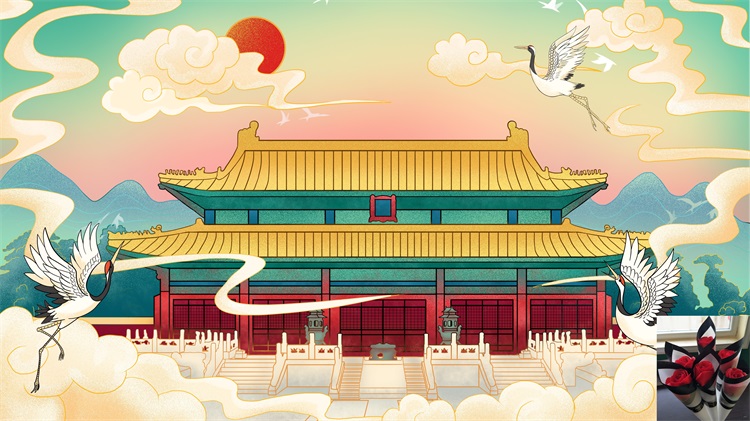 中国风国潮古建筑地标城市古风建筑阁楼印象地标手绘插画psd素材