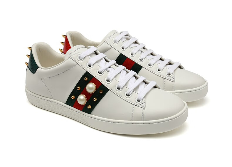 gucci古驰女鞋牛皮铆钉造型系带女士平底鞋休闲鞋小白鞋板鞋平跟鞋