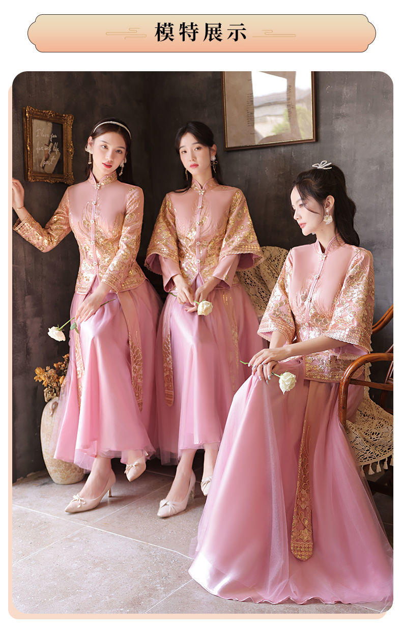 伴娘服2021新款中式新娘伴娘团结婚姐妹裙风长款秋冬显瘦礼服豆沙色a