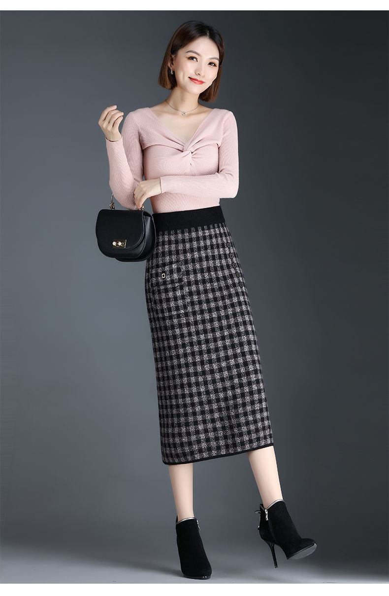 冬季打底半身裙女2021格子半身裙秋冬女新款高腰显瘦毛线包臀裙中长款