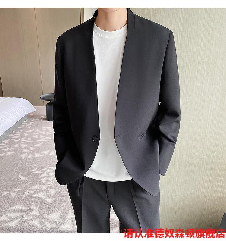 65德奴森顿65男神韩国秋气质ins无领宽松西装套装男韩版痞帅炸街