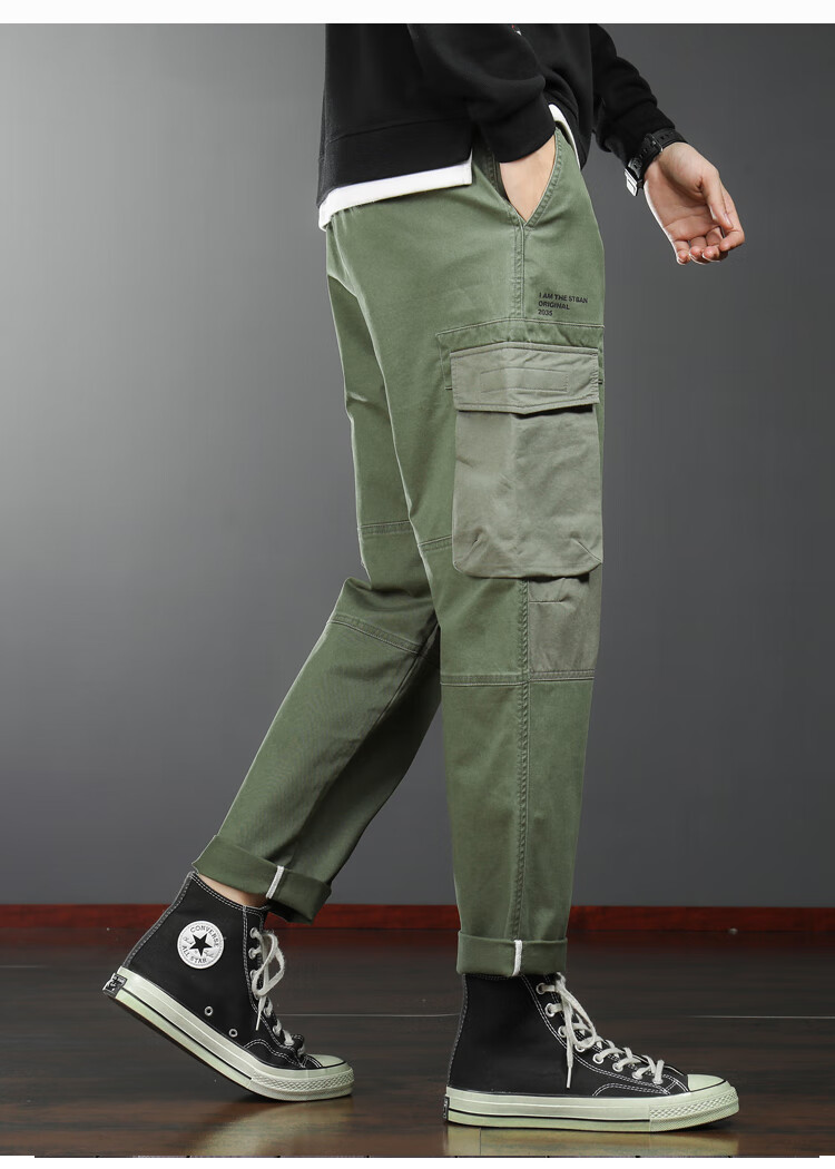 花花公子秋季新款男个性大口袋英文刺绣拼接重工宽松直筒工装裤卡其色
