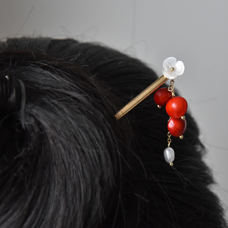 相思红豆簪子发簪蝶贝木复古小众旗袍日常手工日韩配饰043红豆金属