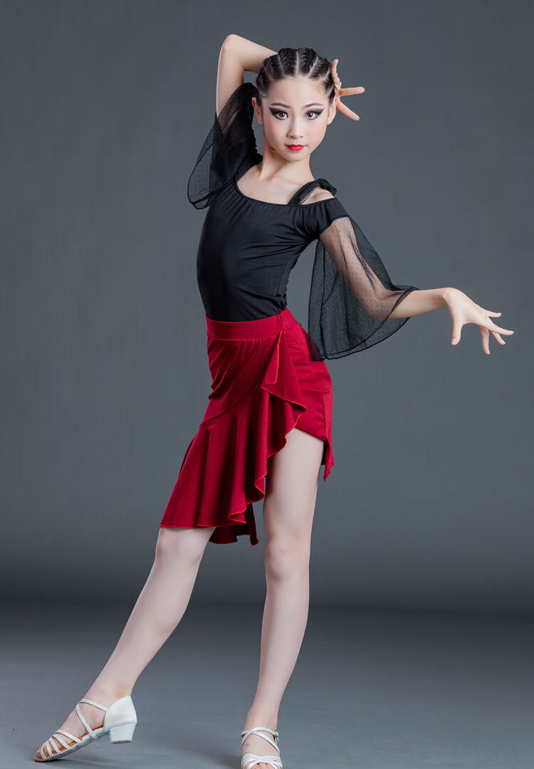 练功服比赛服儿童节10中小学生舞蹈裙表演服2022女生跳舞露肩上衣裙子