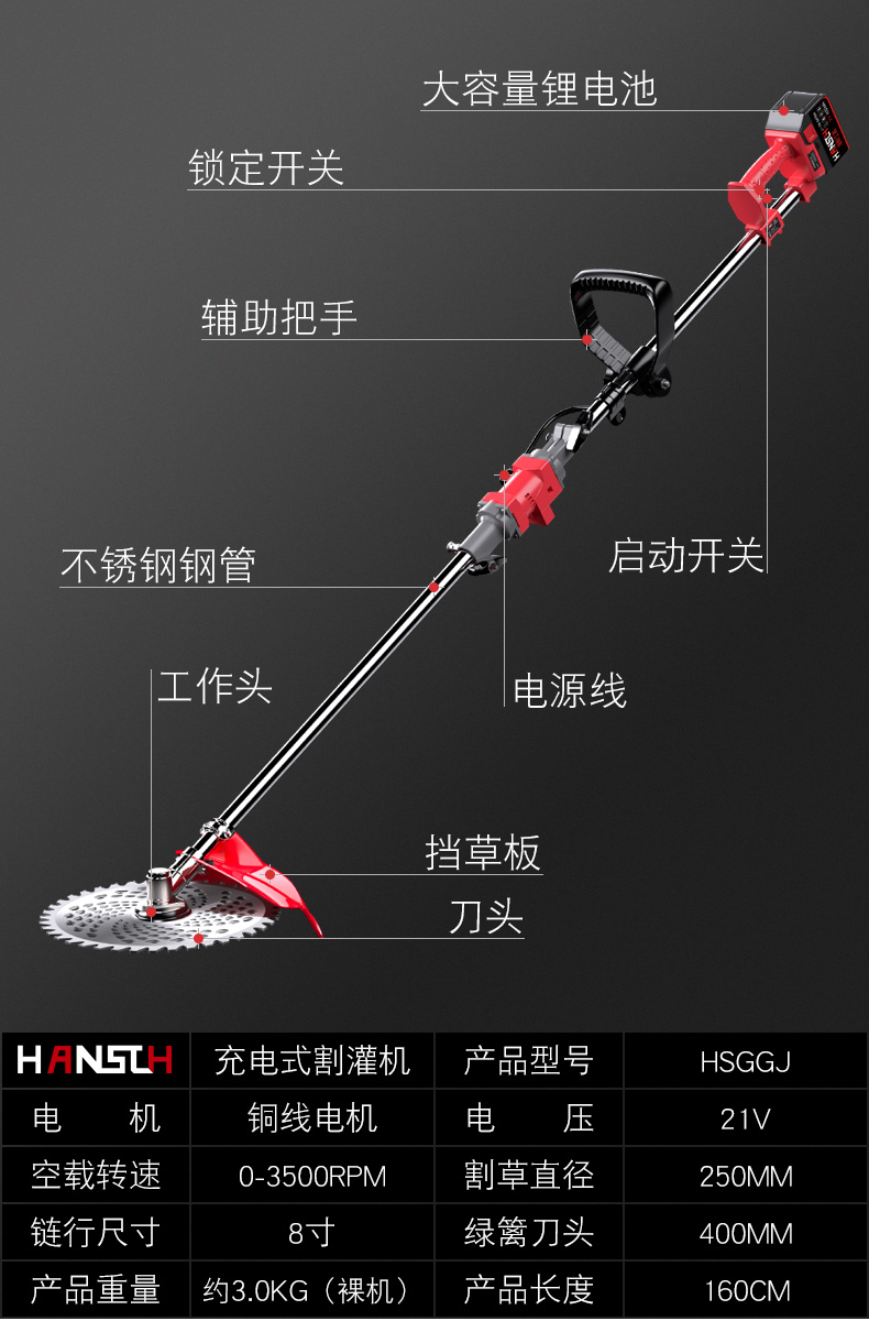 德国电动割草机小型家用手持大功率充电式多功能园林锂电除草机锂电割