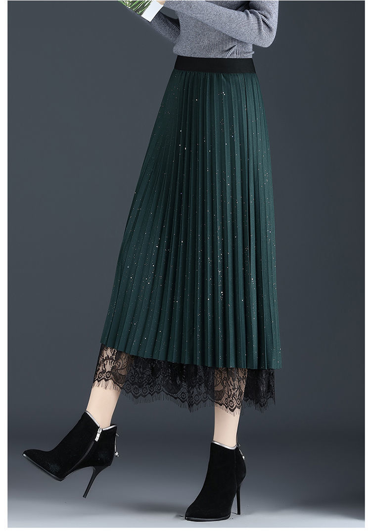 秋冬新款网纱半身裙女两面穿网纱百褶裙半身裙a字裙中长款蕾丝拼接