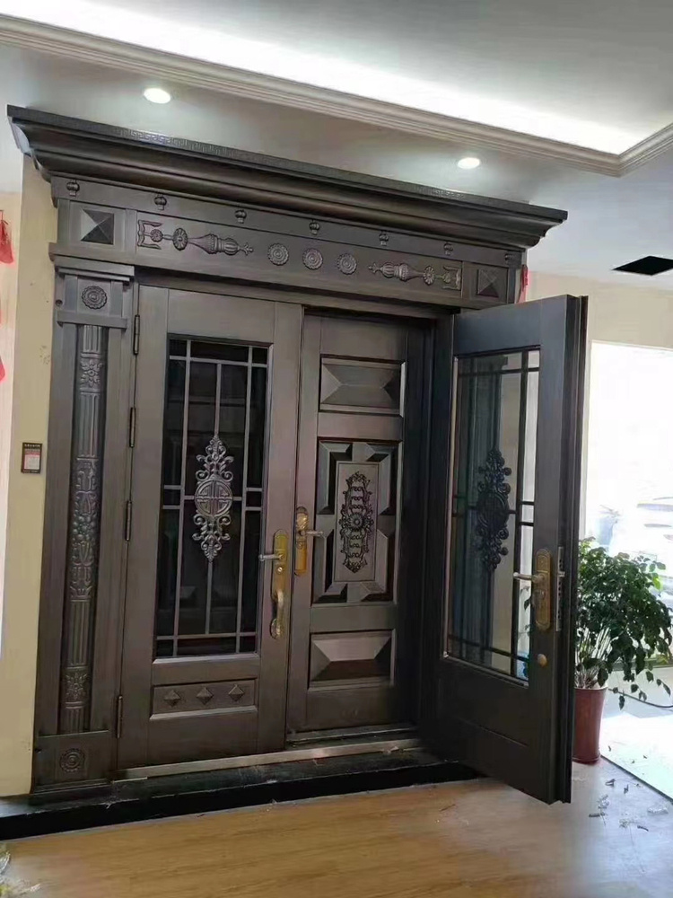 农村别墅大门双开门复合带纱门入户防盗门玻璃门豪华不锈钢仿铜 复合