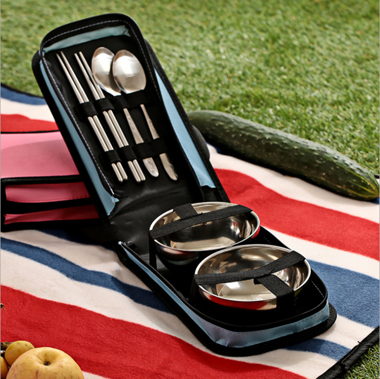 自驾游新款户外便携不锈钢折叠碗筷子勺旅行自驾游野外野炊餐具套装