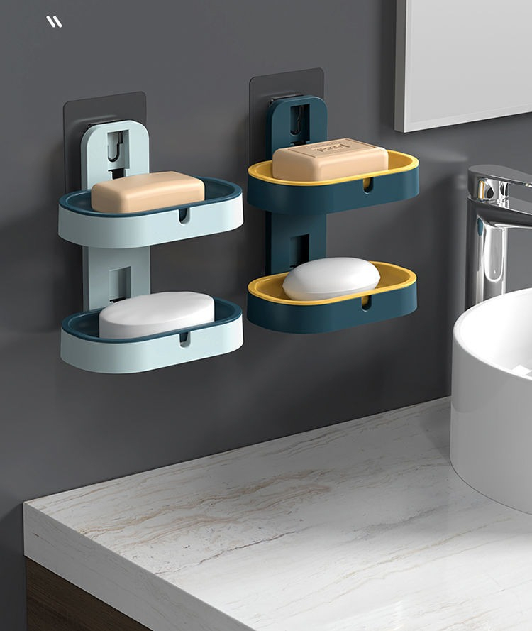 皂盒架子沥水卫生间创意免打孔置物架家用壁挂式双层香皂盒带盖墨绿1