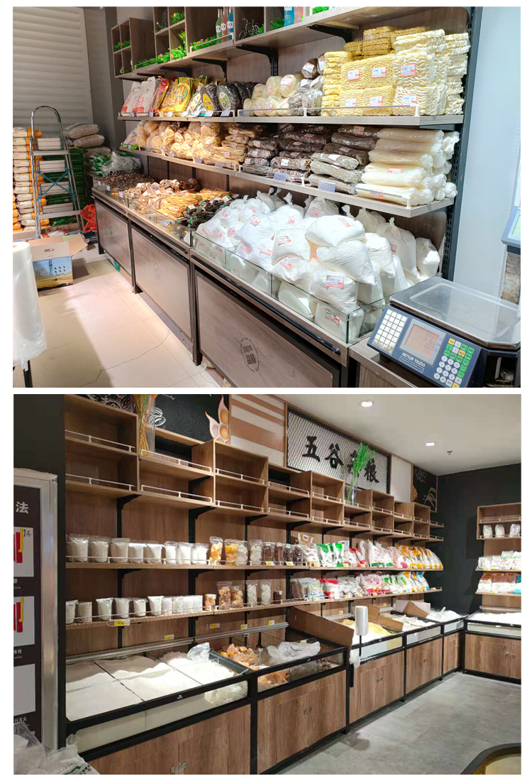 超市钢木米面架靠墙五谷杂粮南北干货米面粮油展示架大米架鸡蛋柜 玻
